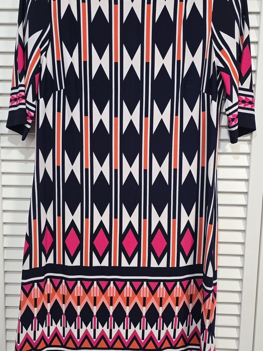 Eliza J Navy Geometric Midi Dress with Pink & Coral Accents